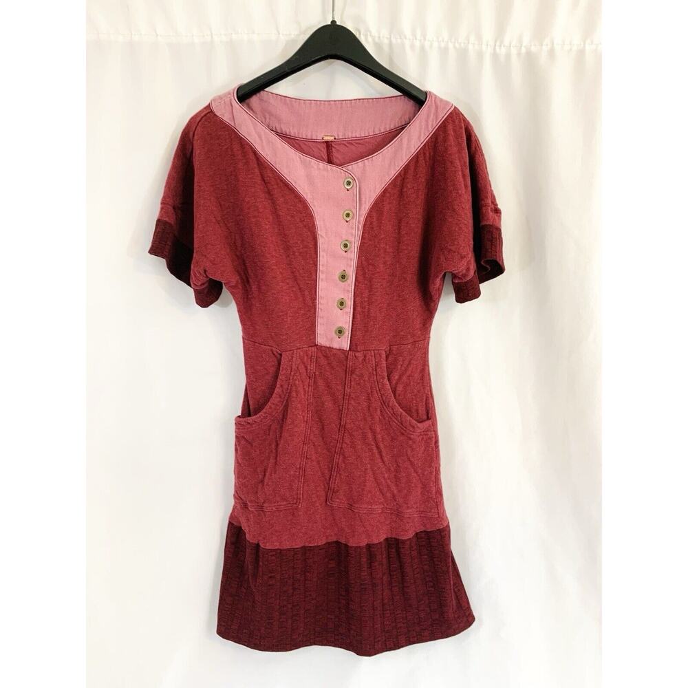 Free People Pink Burgundy Henley Dress Front Pockets Long Sleeve Boho Sz S